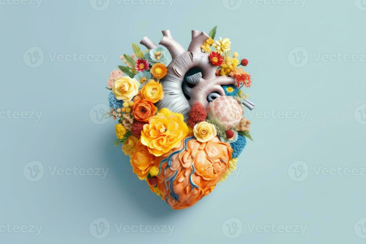 mänsklig hjärta tillverkad av färgrik vild blommor på pastell Färg bakgrund. generativ ai foto