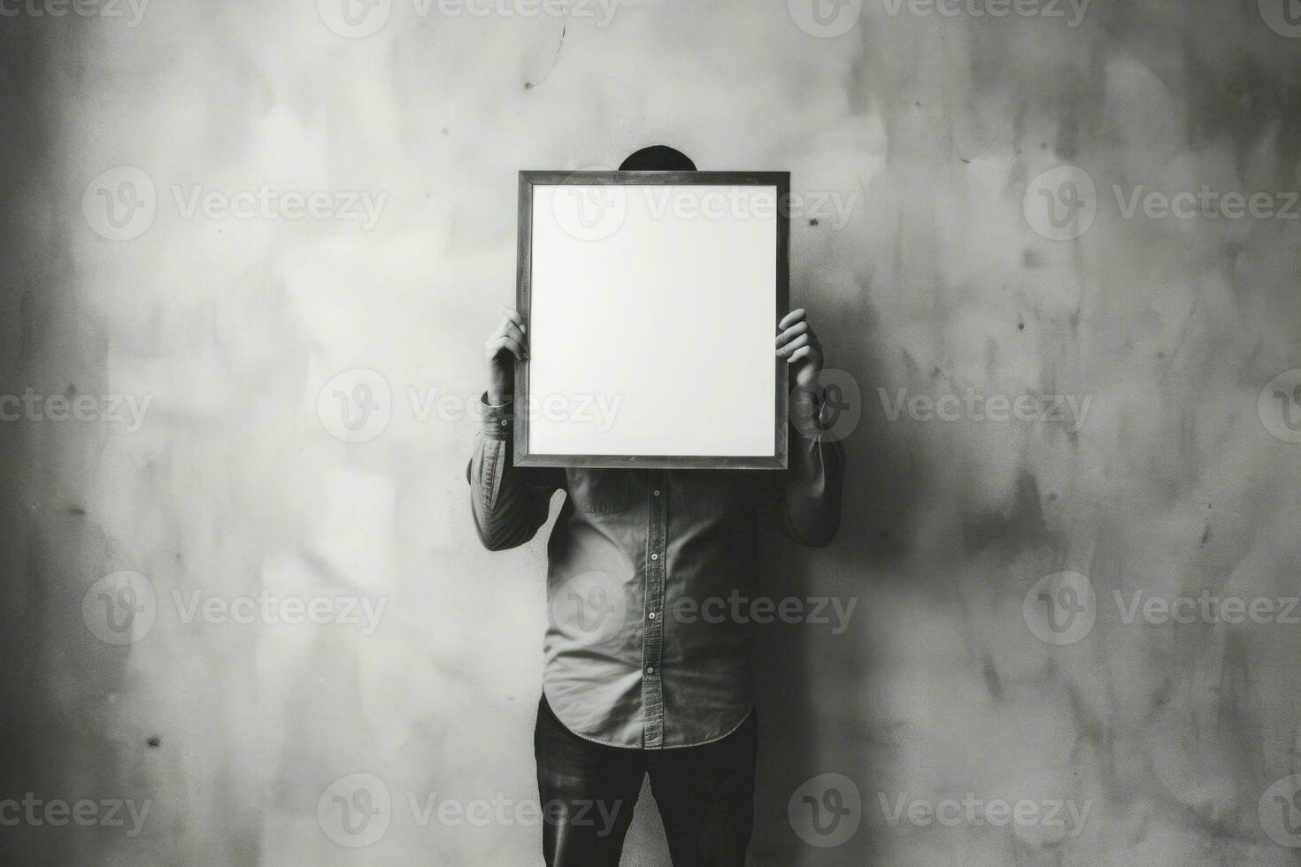 full kropp porträtt av man håll tom bild ram på grå Färg bakgrund. generativ ai foto