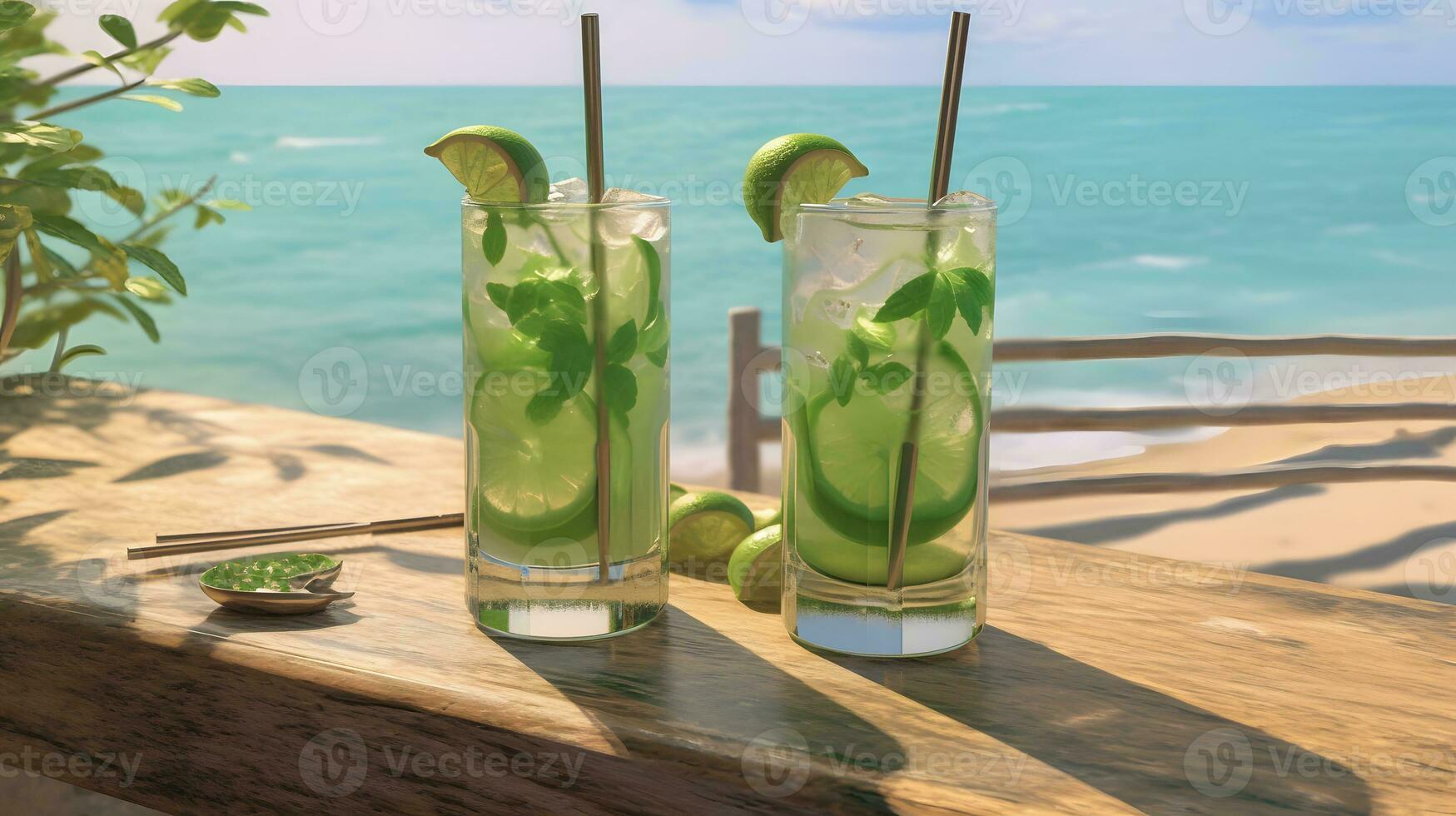 mojito drycker på de strand. ai genererad foto