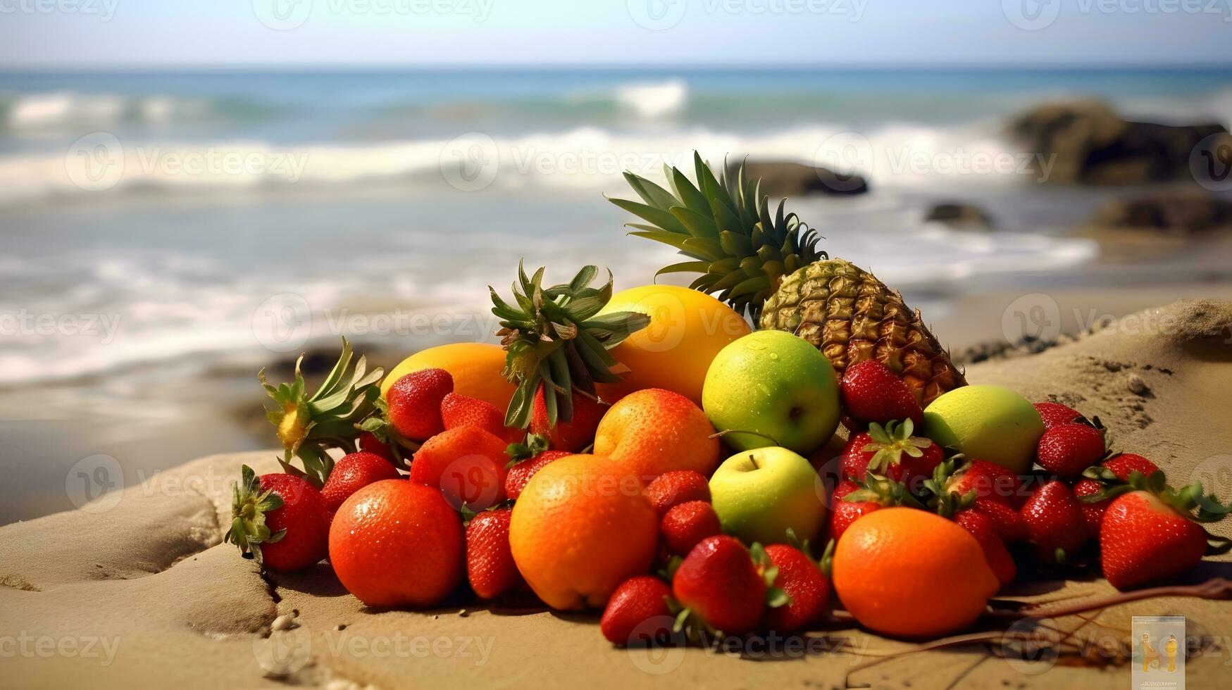 färsk frukt på strand. ai genererad foto