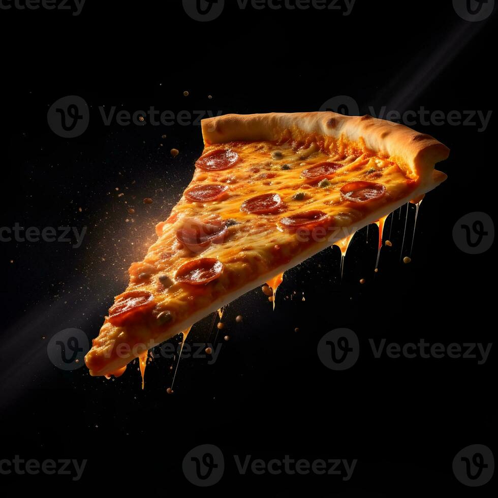 pizza skiva och varm pizza på svart bakgrund, generativ ai foto