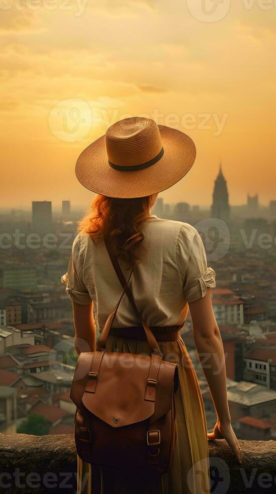 ung kvinna resande med ryggsäck och hatt reser. foto