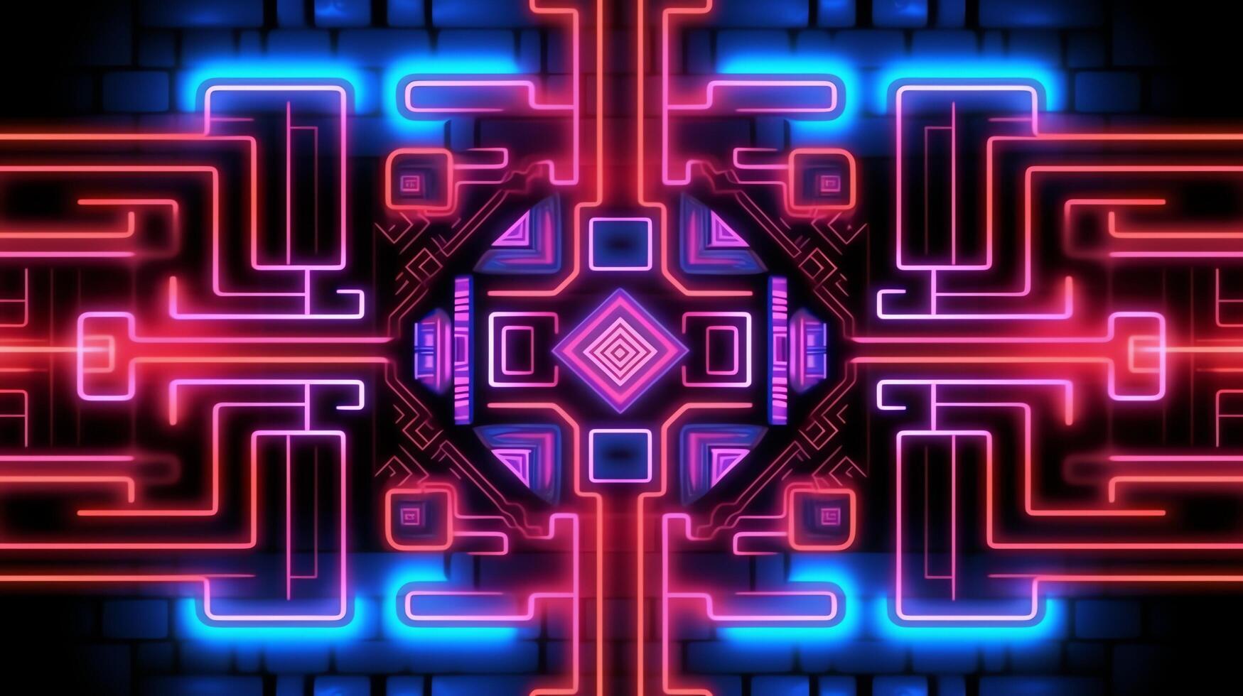 abstrakt neon ljus lysande linjer, aztek mayan stil mönster design illustration . ai genererad foto