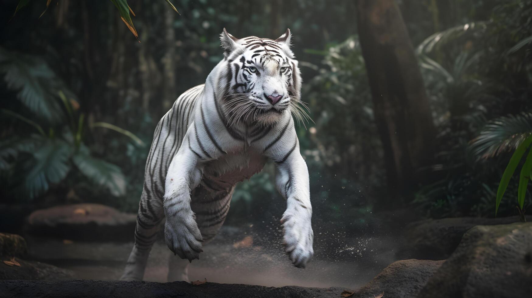 upphetsad vit tiger löpning och hoppa i de djungel med grön växter på de bakgrund. generativ ai. foto