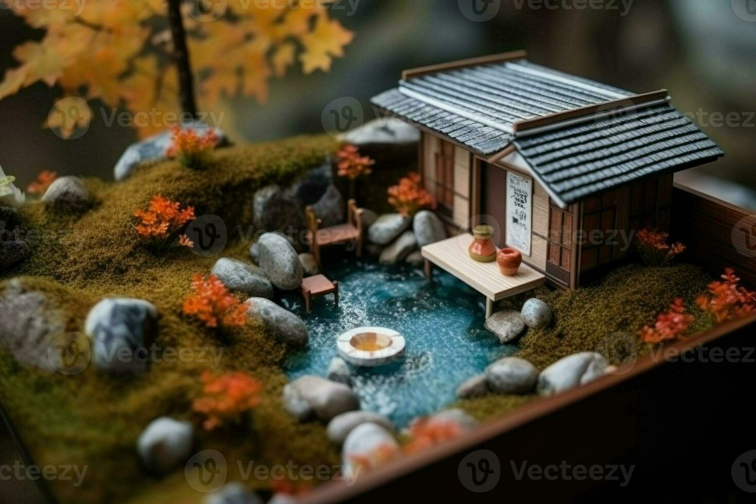 diorama av japansk trädgård. varm vår, leksak Semester Hem. miniatyr- av japansk tillflykt skapas med generativ ai teknologi foto