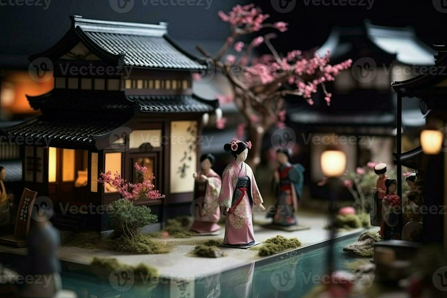miniatyr- geisha i kimono. japansk asiatisk diorama. små kvinna i traditionell kostym skapas med generativ ai teknologi foto