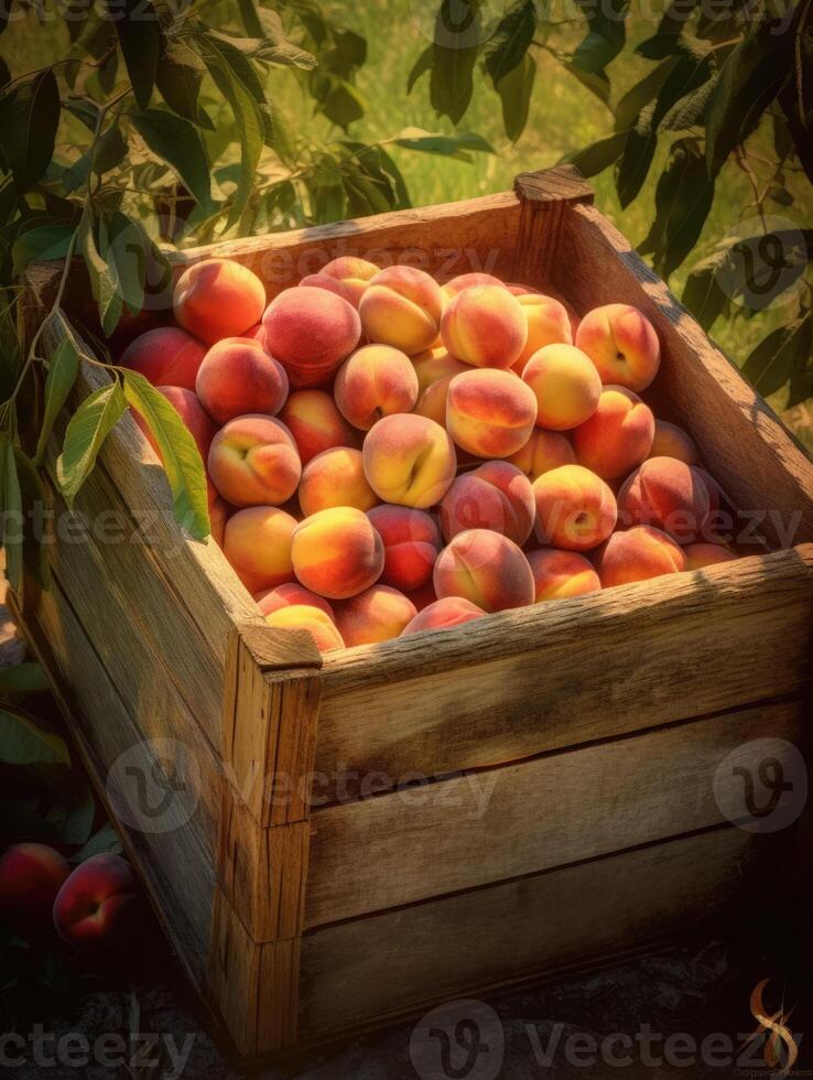 mogen persikor i en trä- låda på en bakgrund av de trädgård. Plats för text, vertikal, mockup, generativ ai foto