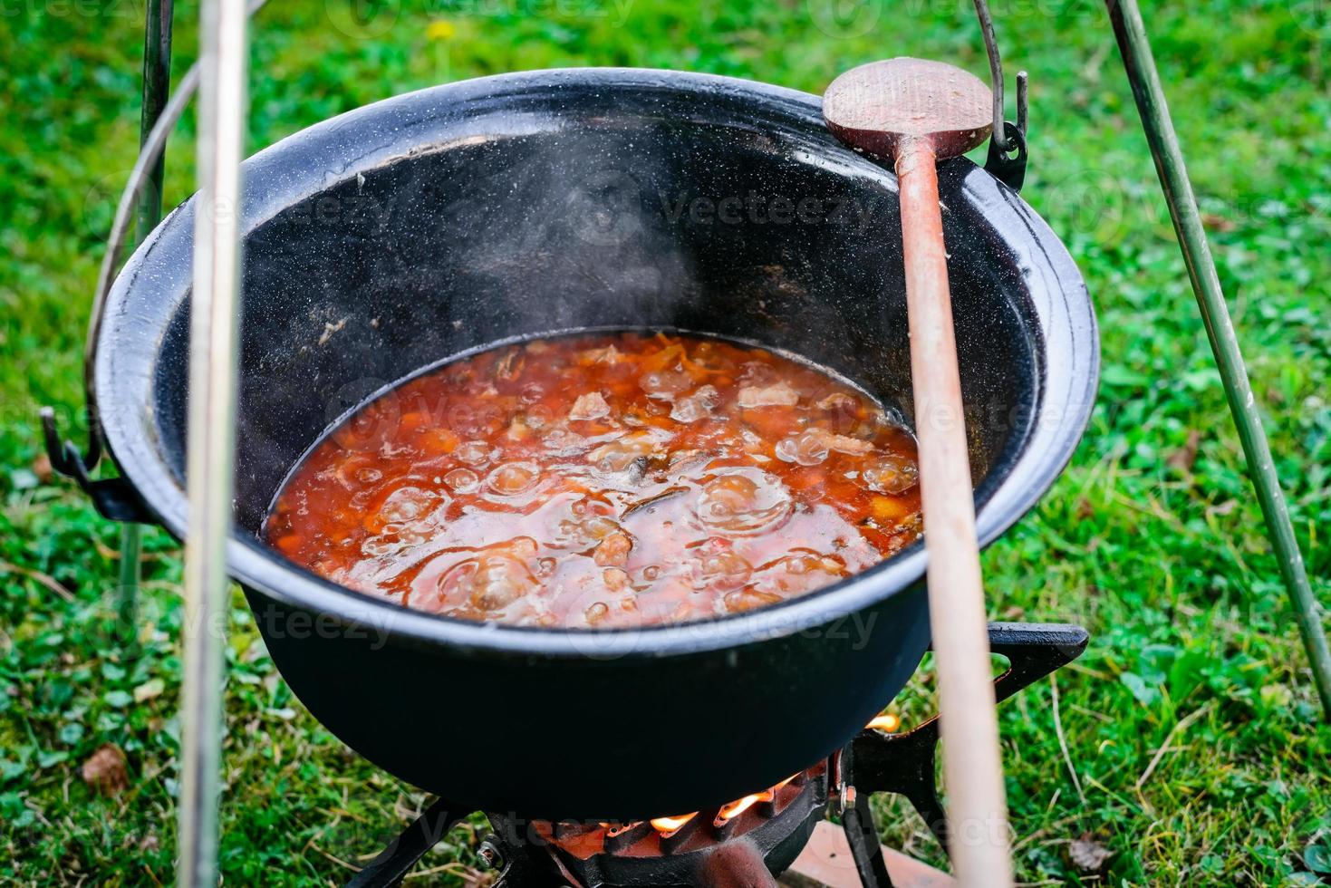 matlagning nötkött gulasch soppa i en gryta foto
