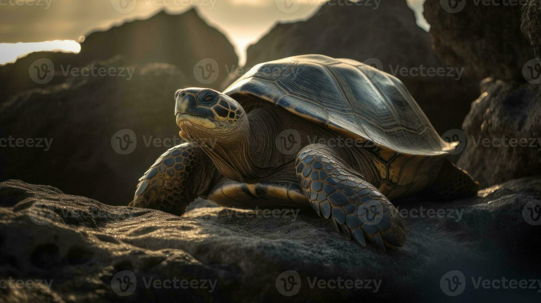 en galapagos sköldpadda sola sig på en ojämn klippa, omringad förbi de ren, skimrande hav foto