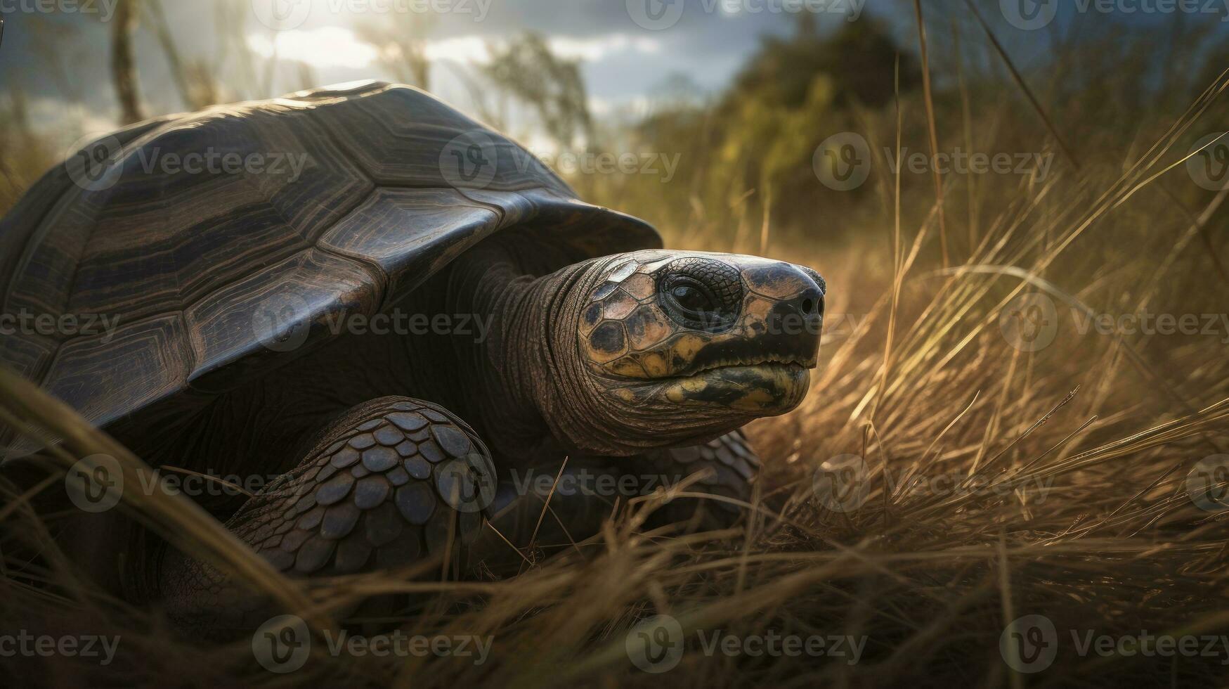 en galapagos sköldpadda, sola under de middagstid Sol på en säng av soltorkad gräs foto