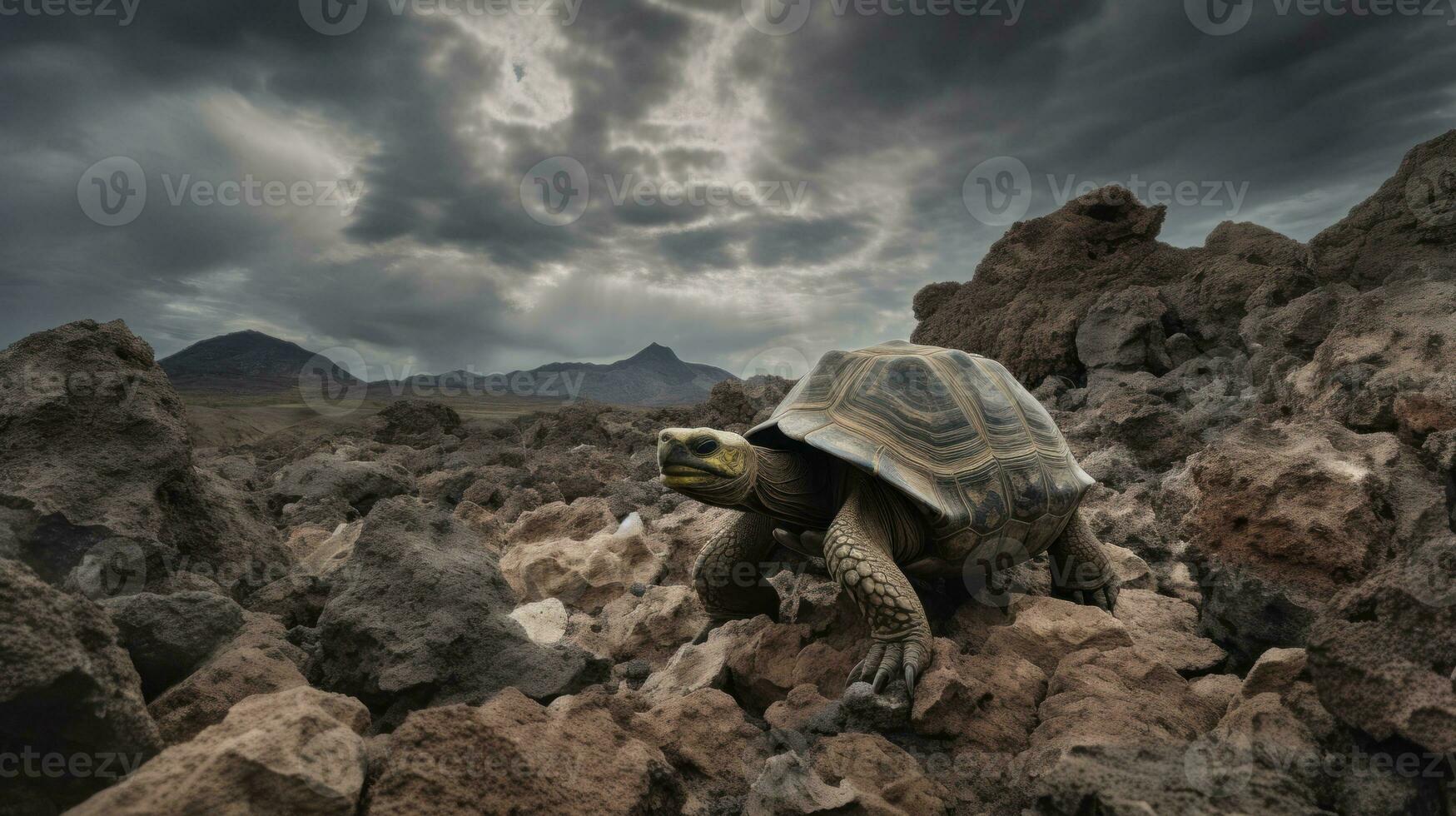 en galapagos sköldpadda, korsar de vulkanisk landskap, varje steg eko med århundraden av existens foto