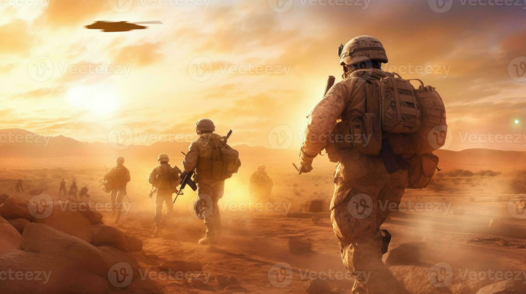 en militär fotorealistisk bild av en grupp av soldater på patrullera i en öken- miljö, sand och damm virvlande runt om dem, ett soldat i de förgrund kontroll deras miljö foto