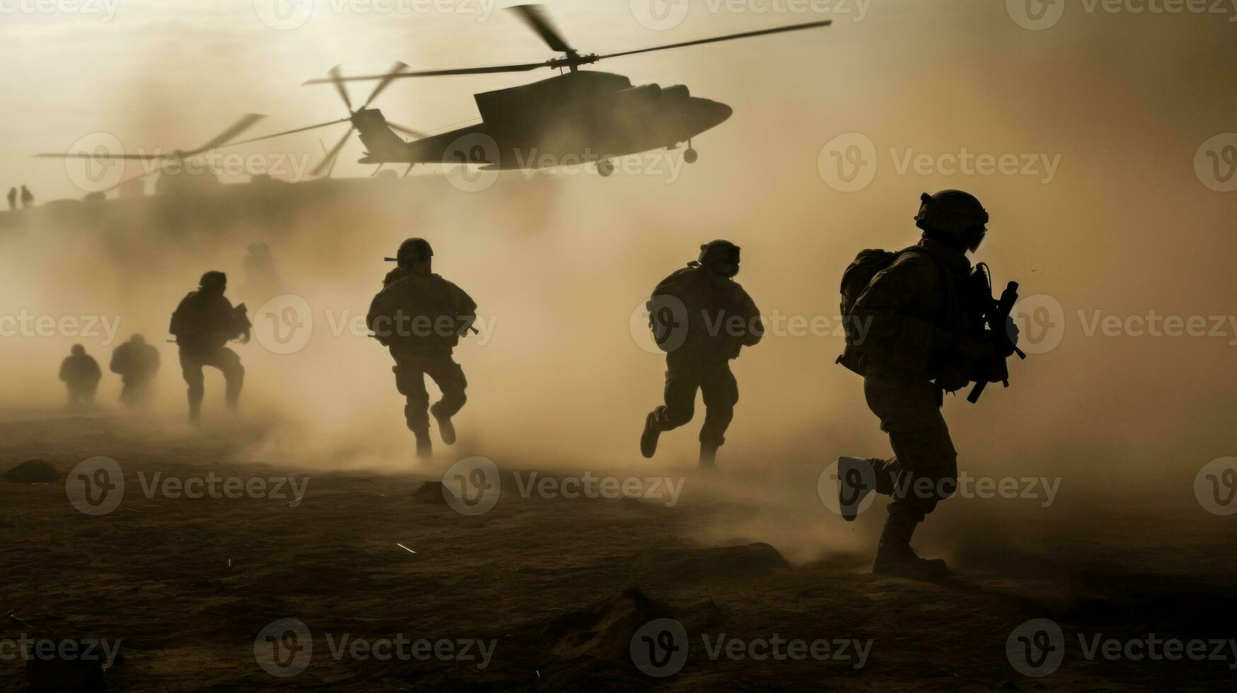 militär soldater är löpning till de helikopter i de slagfält. mitt i de damm och kaos av de slagfält, de soldater avgift mot de helikopter med orubblig fokus foto