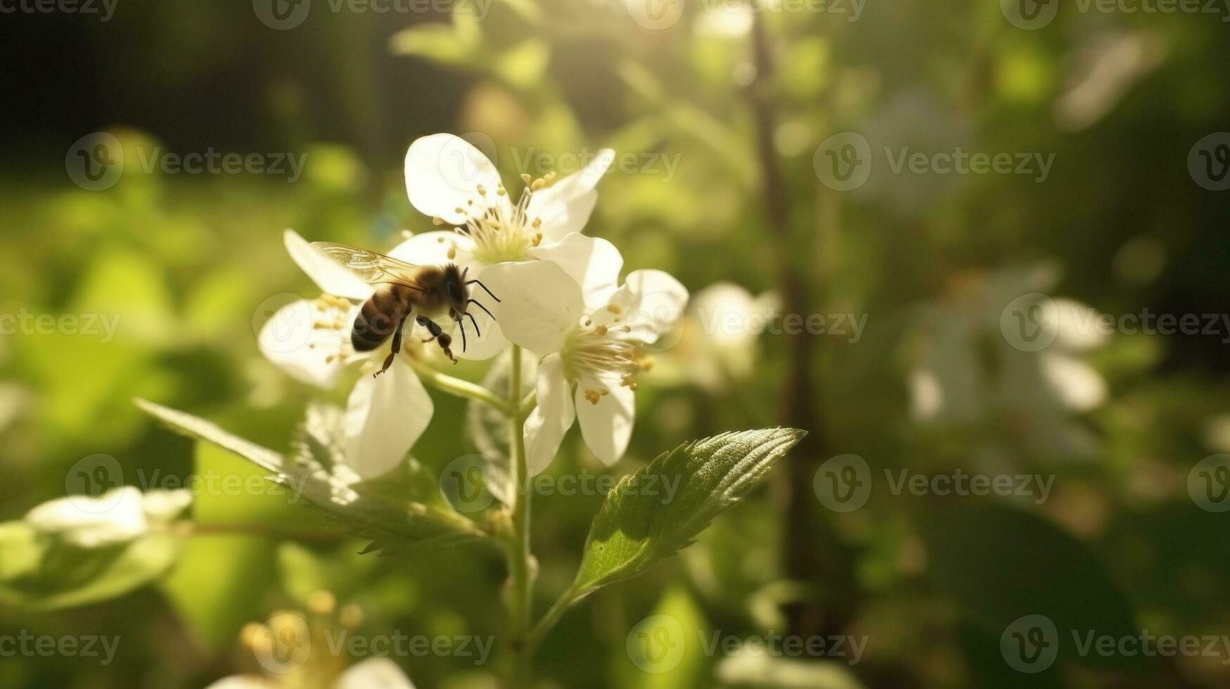 en bi pollinerande blommor i en solig skog clearing foto