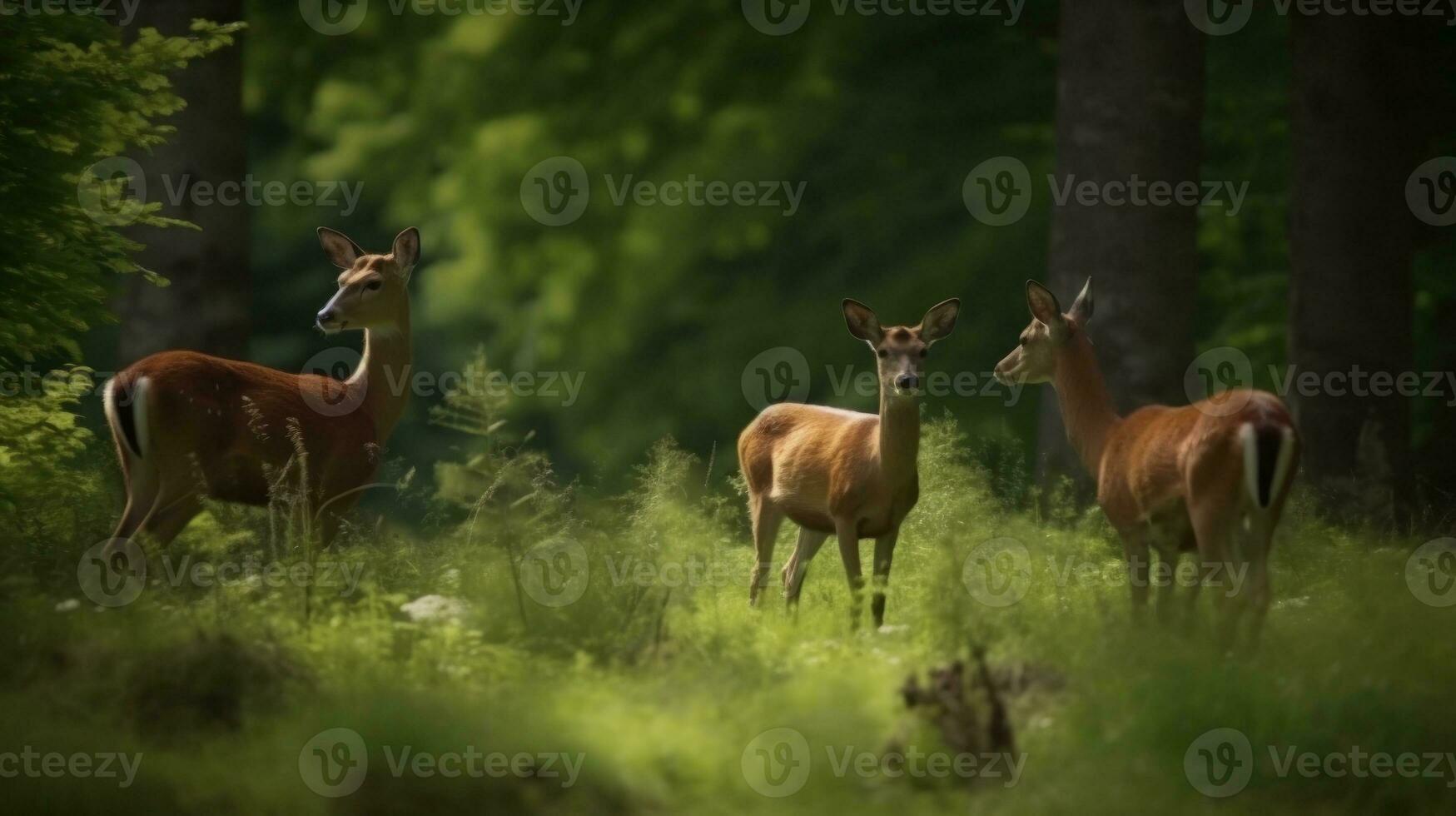 en familj av rådjur tyst betning i en skog clearing foto