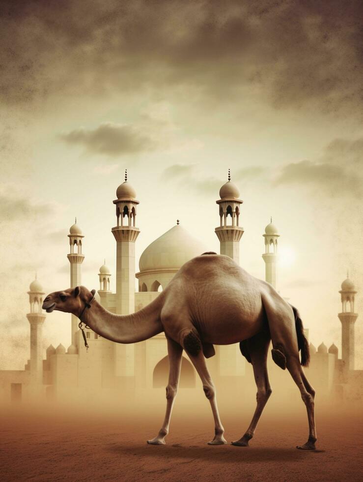 eid al Adha mubarak hälsning med kamel och moské, eid mubarak foto