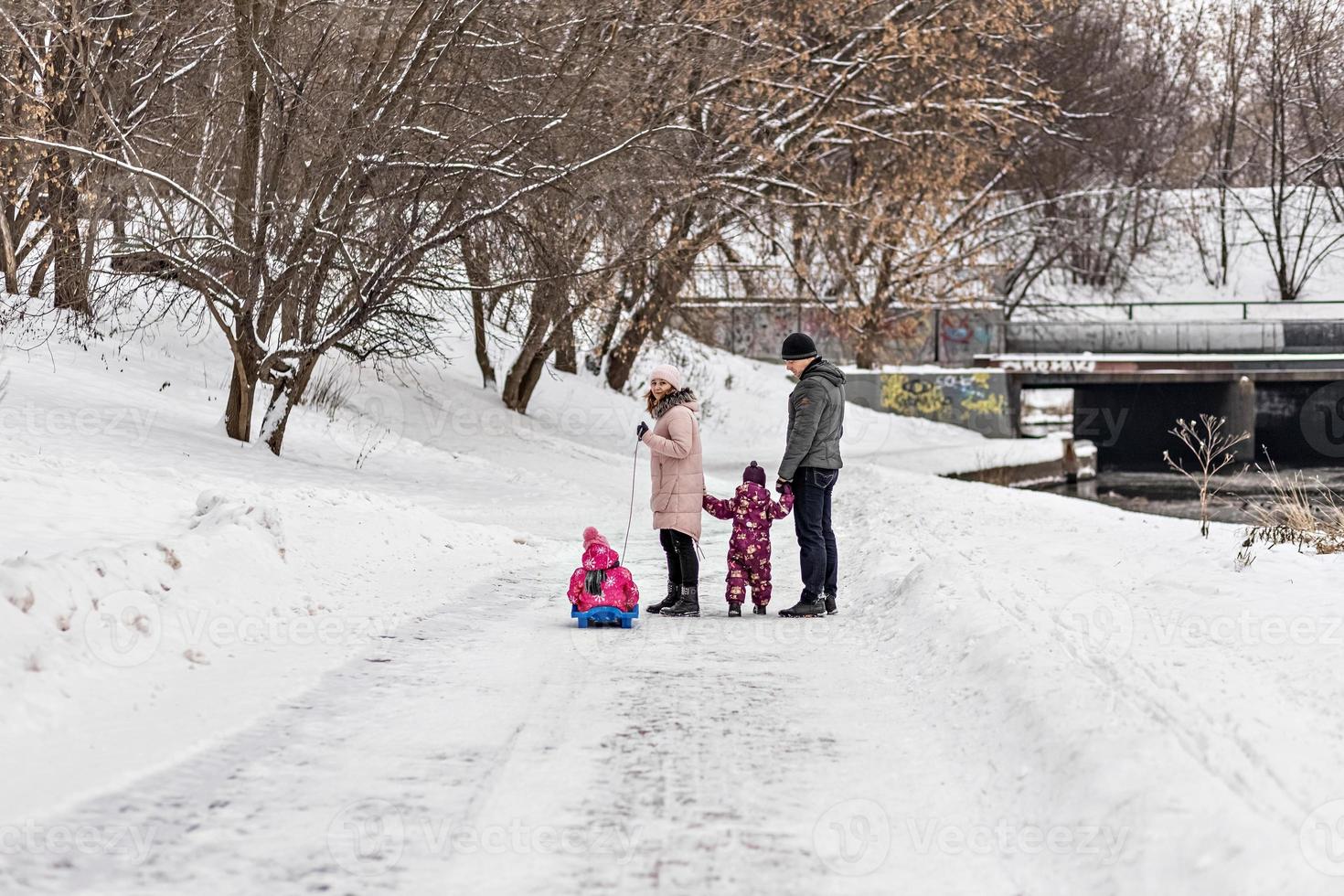 en familj med två barn i en släde på en promenad i parken foto