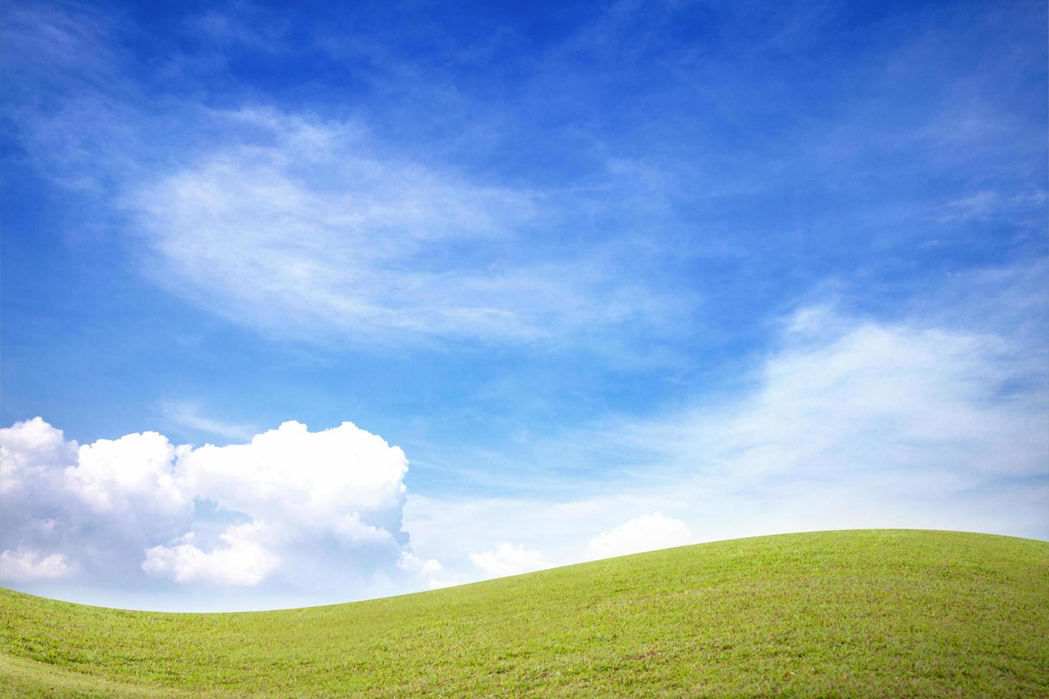 fält för grönt gräs och blå himmel med vita moln foto