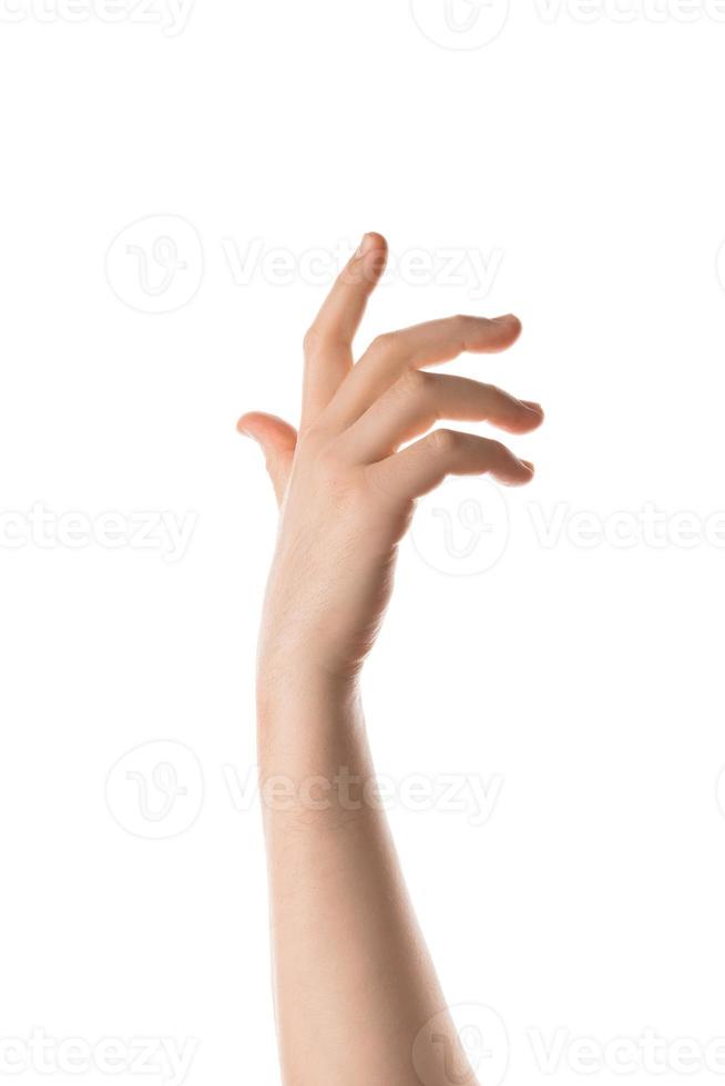 man handen håller, ta tag eller fånga något objekt, hand gest. isolerad på vit bakgrund. foto