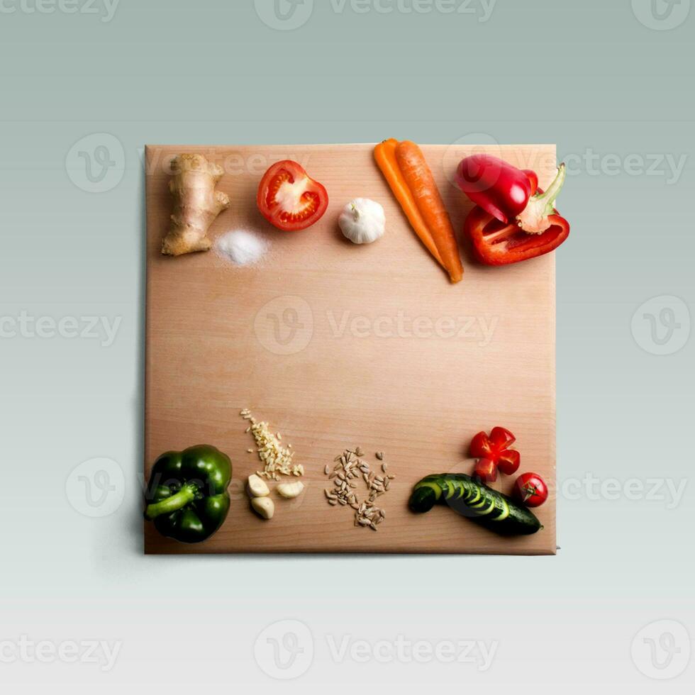 ett unik begrepp av grönsaker på trä- avrundad tabell isolerat på grå. foto