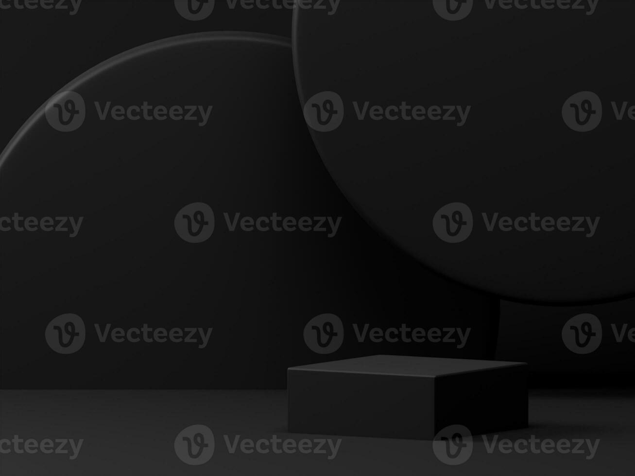 3d tolkning elegant svart tema produkt monter visa piedestal eller podium med cirkel vägg panel på tömma bakgrund. 3d attrapp illustration foto