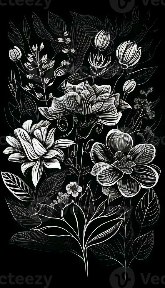 svart och vit blommig mönster med löv, blomma buketter. vit blommor och svart bakgrund. ai genererad foto
