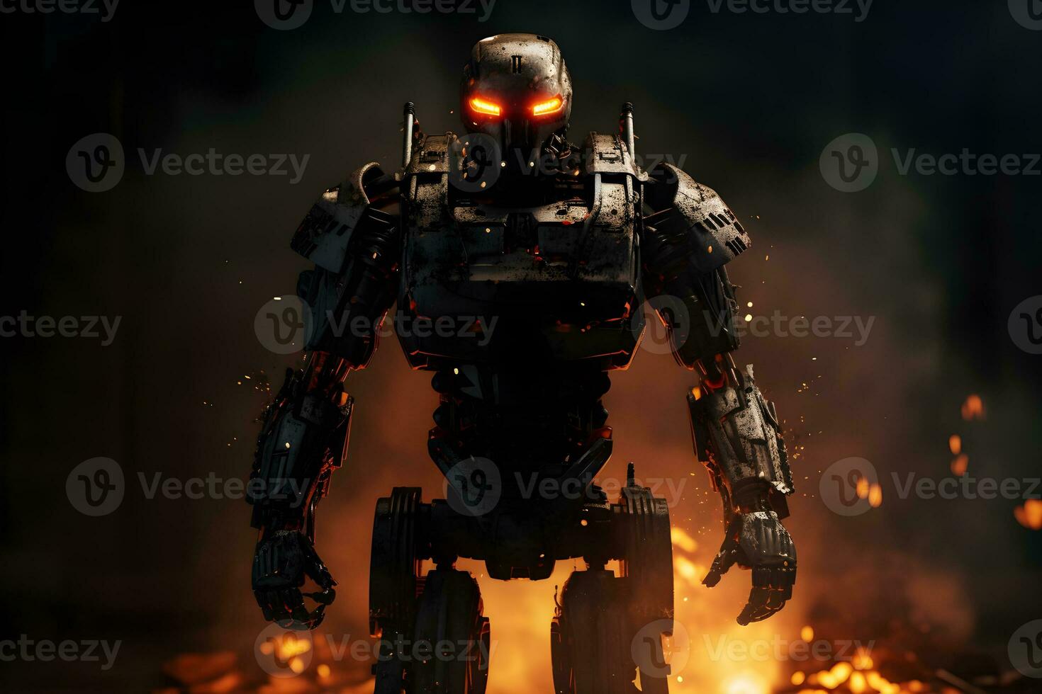 stål krigare armén robotar på de bakgrund av eldig explosioner ,generativ ai foto