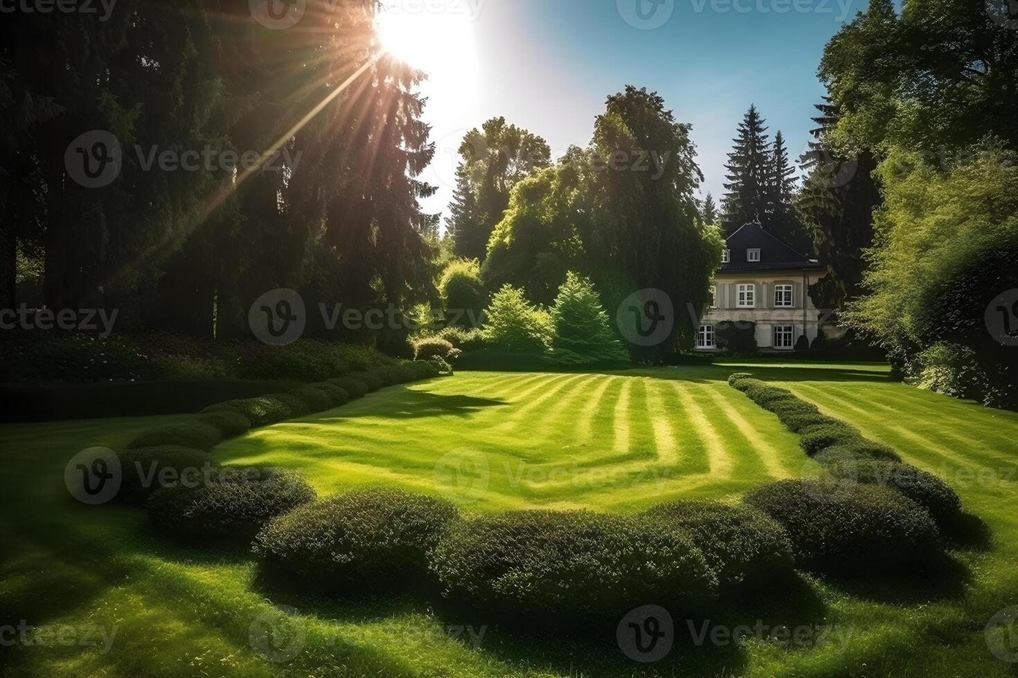 välskött Land gräsmatta omgiven förbi träd ,generativ ai foto