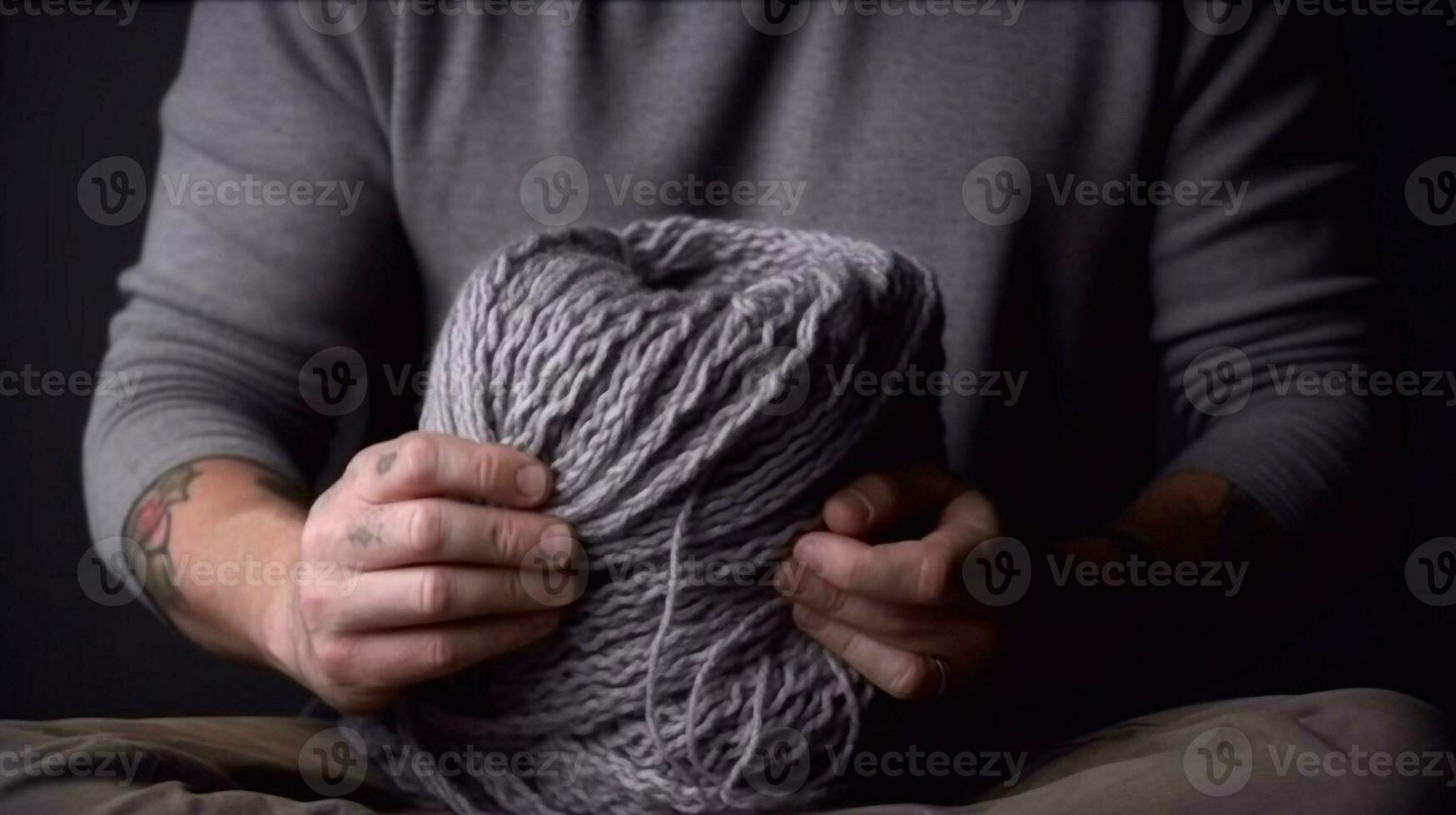 herr- stickning förbi händer, på en mjuk grå bakgrund, ömhet, tjock tråd, i en modern style.ai genererad foto