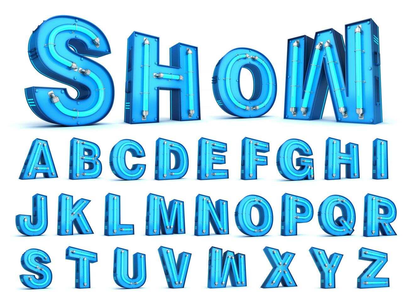 3d alfabet med blå neon ljus inuti, 3d tolkning foto