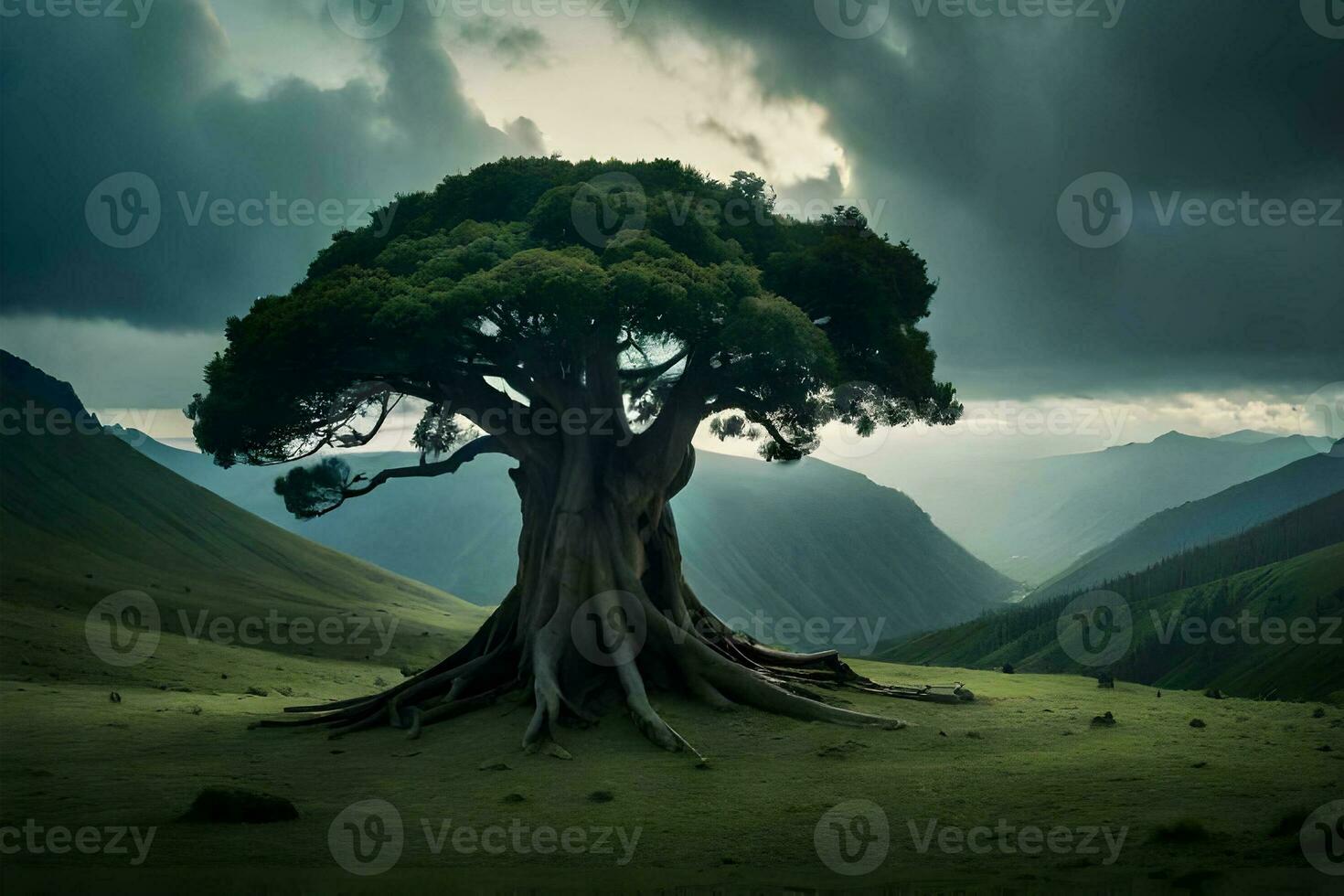 de fantastisk landskap av de gammal träd. generativ ai. foto