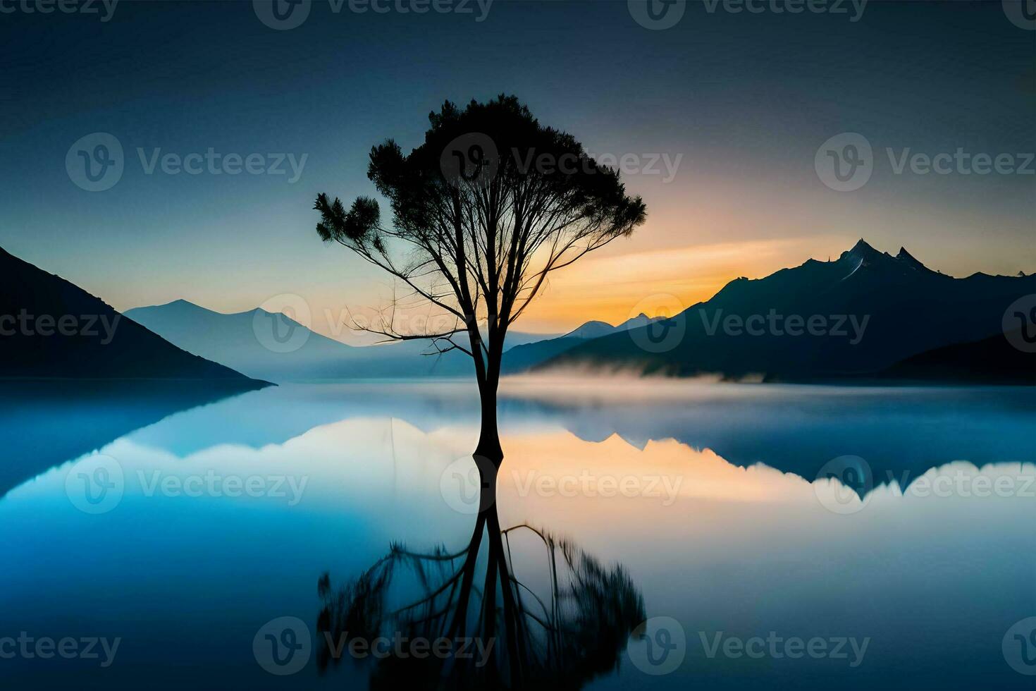 vatten blå natt sjöar silhuett på lutning bakgrund, generativ ai. foto