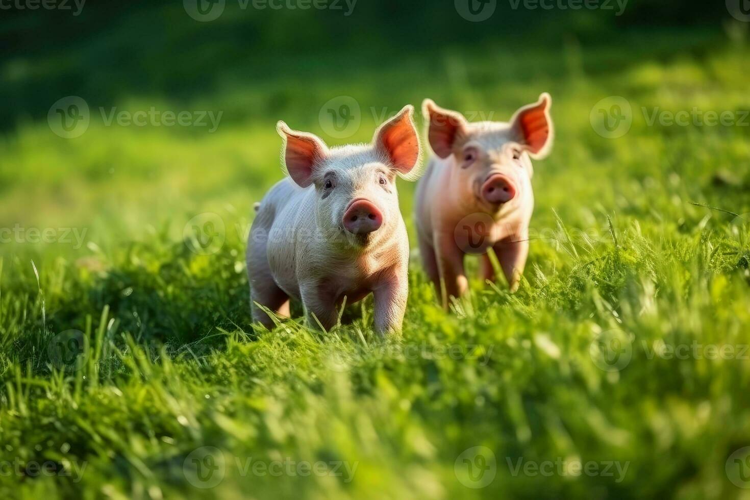 grisar på en grön äng på en bruka skapas med generativ ai teknologi. foto