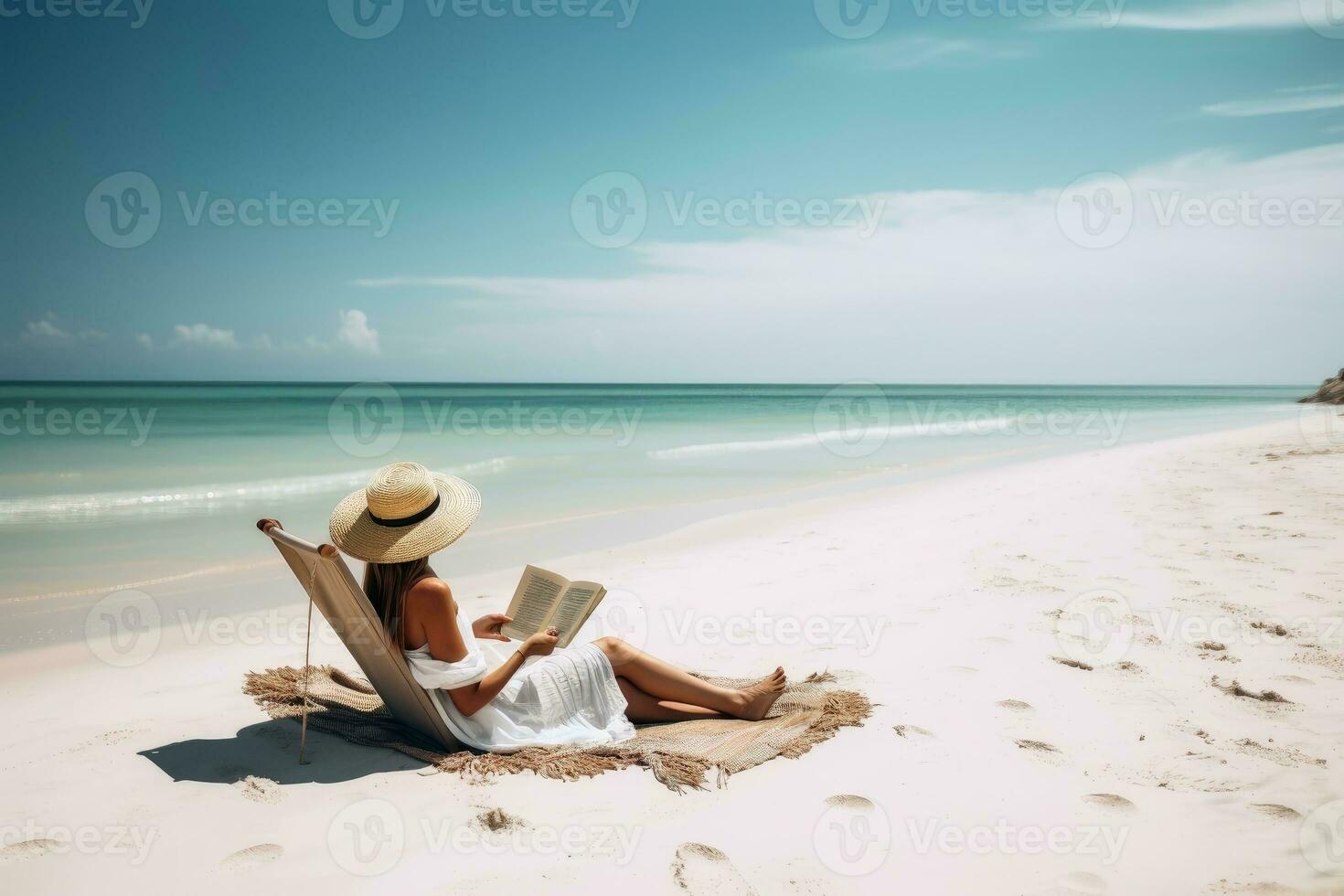 en kvinna på en tropisk strand avkopplande medan läsning en bok skapas med generativ ai teknologi. foto