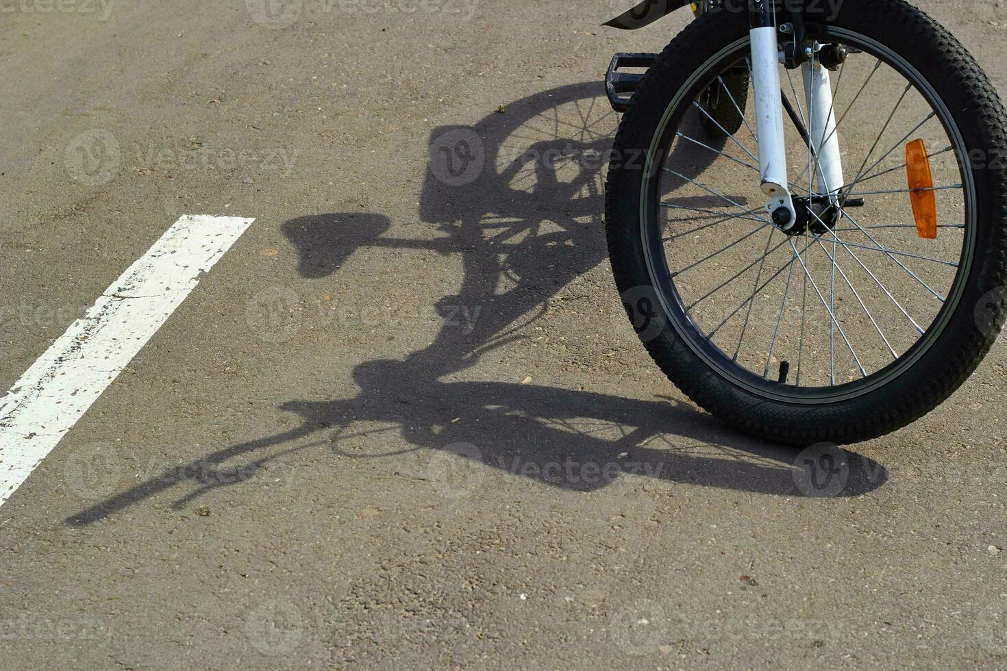 cykel skugga på grå asfalt. solig dag hjul foto