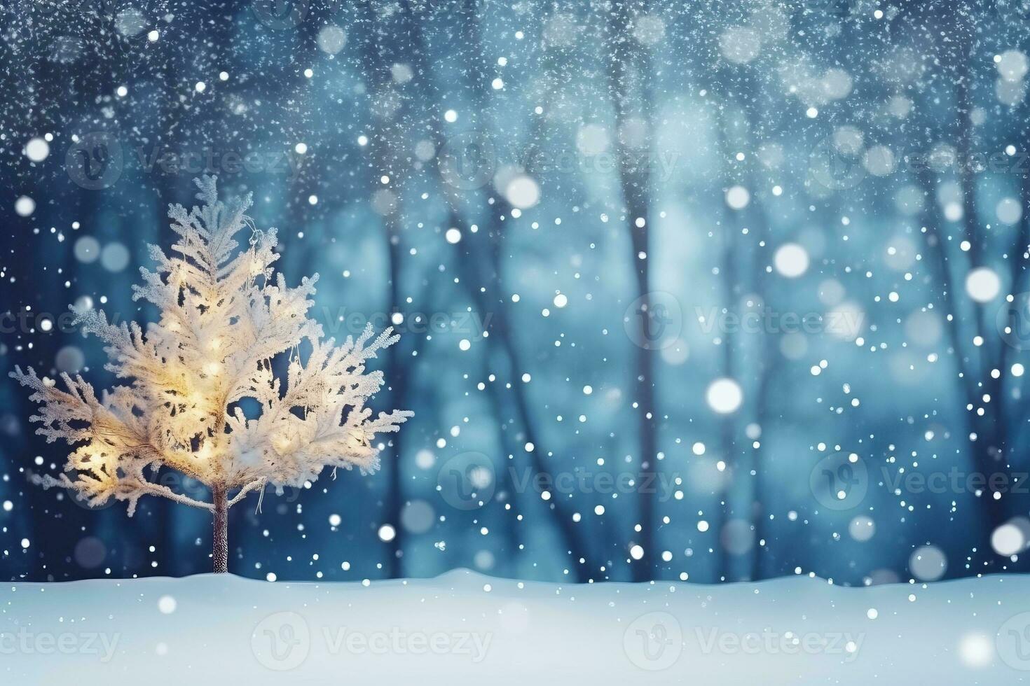 jul vinter- bakgrund med snö suddig bokeh glad Lycklig ny år hälsning kort med kopia Plats ai genererad foto