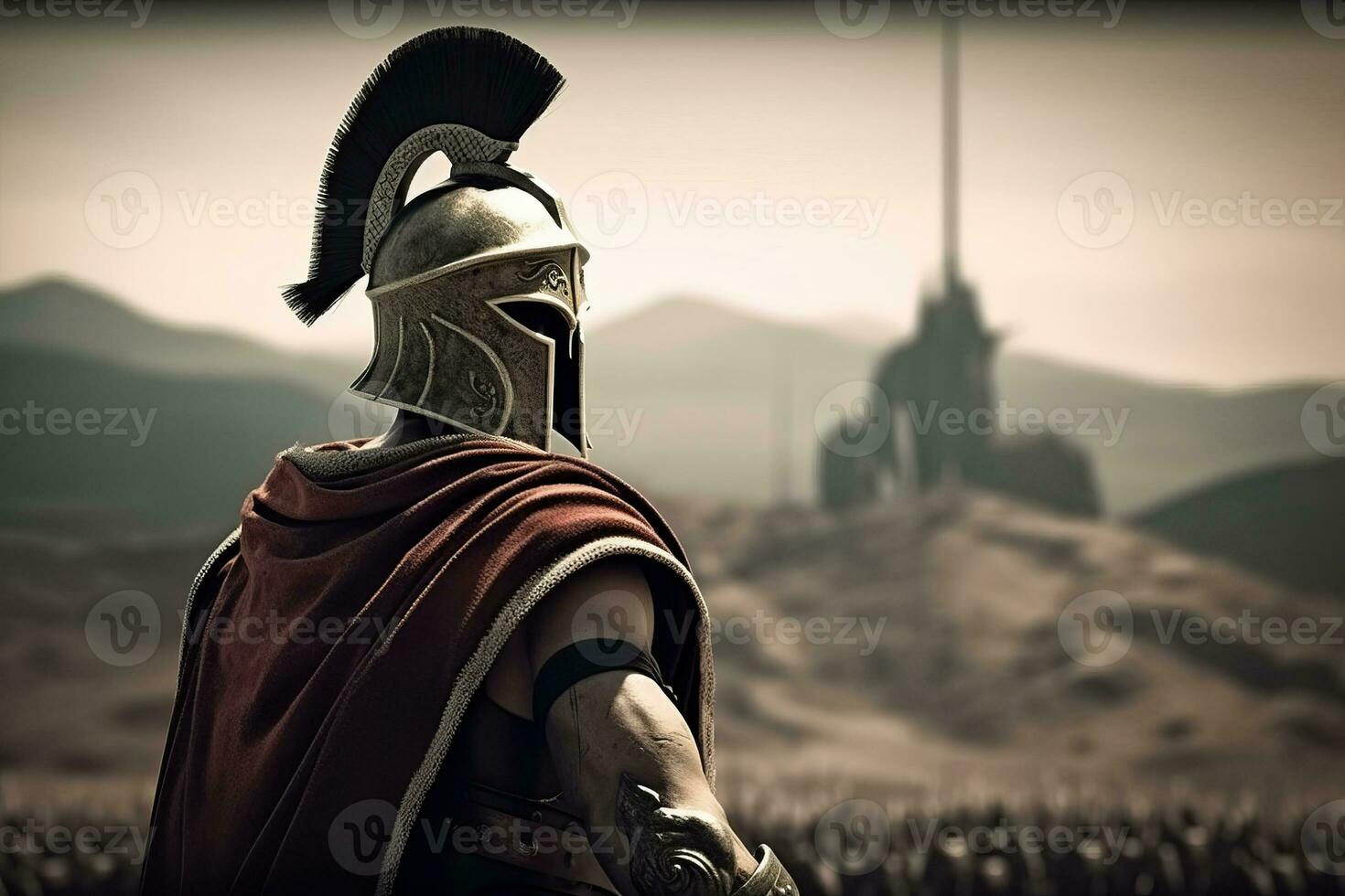 spartansk soldat på slagfält med hjälm, ai genererad foto
