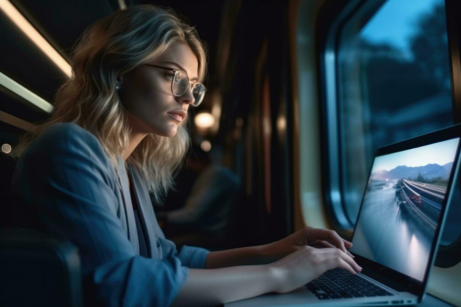 kvinna sitter i en tåg och Arbetar på en bärbar dator skapas med generativ al teknologi foto