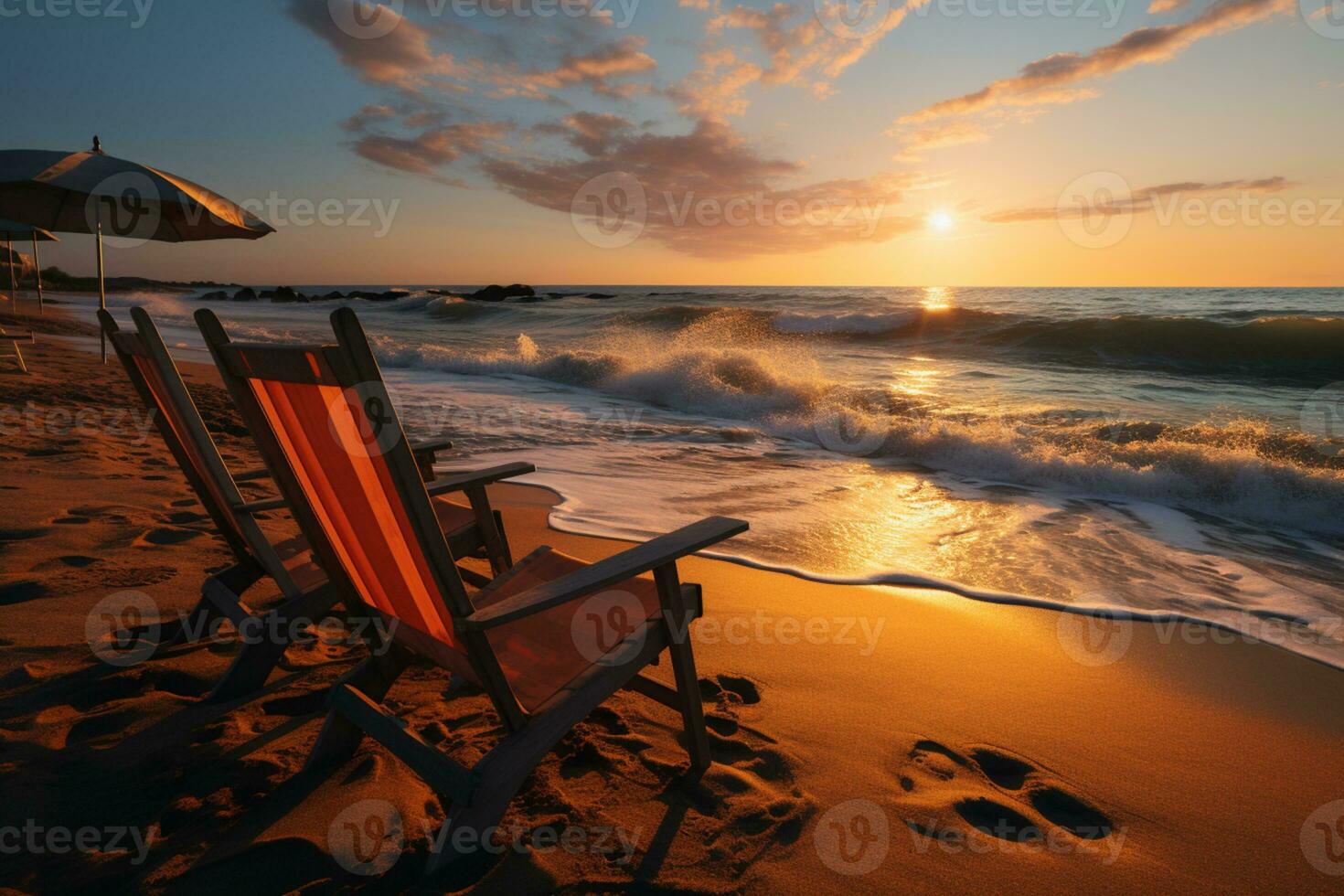 panorama- solnedgång strandlandskap med solstolar, paraply, och vibrerande sommar himmel ai genererad foto