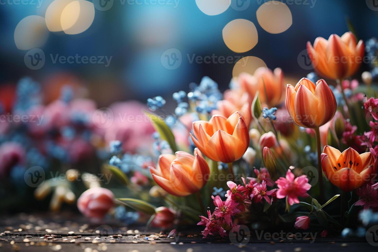 blomstrande vår blommor smycka en solbelyst natur bakgrund, skapande en baner ai genererad foto