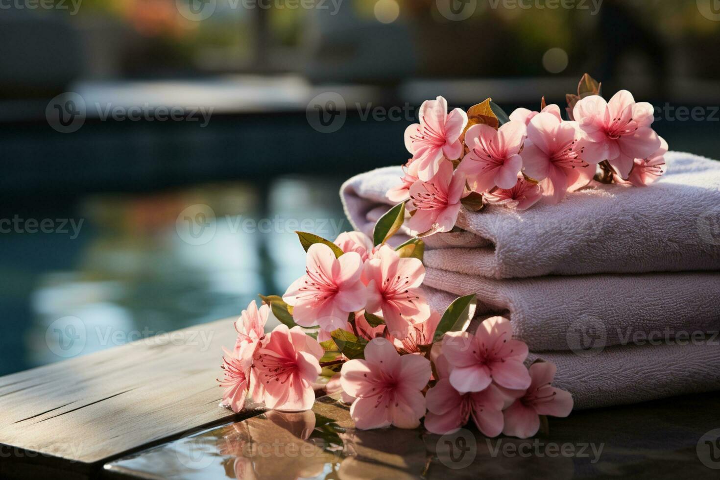 lugn i fokus, främre se av staplade spa stenar, rosa blommor, handdukar ai genererad foto
