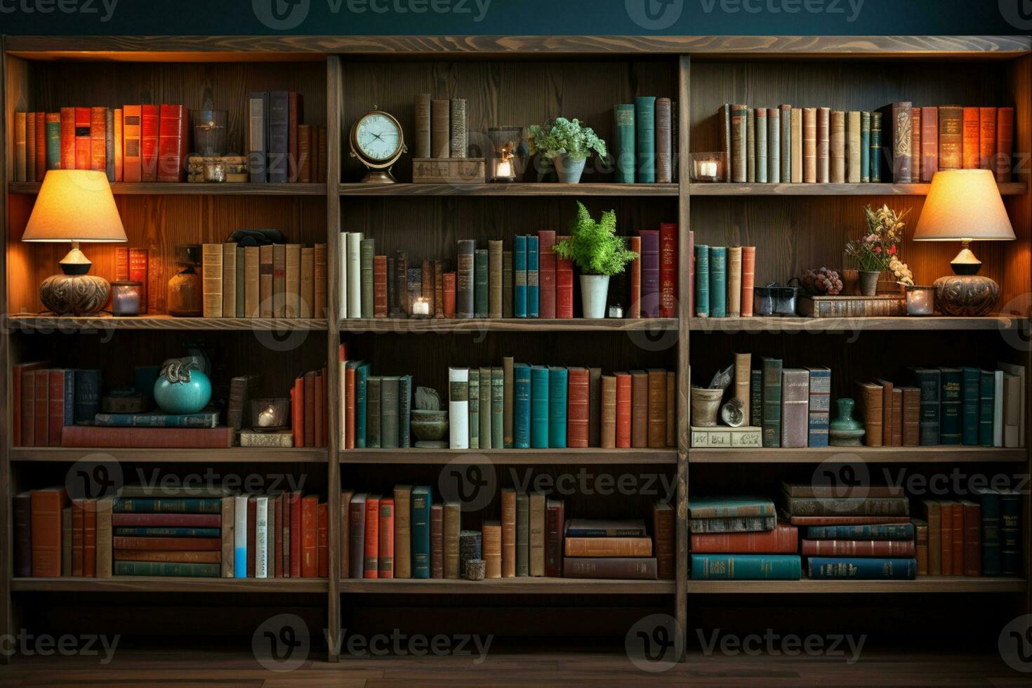 retrostil bokhylla med gammal böcker och en stråle av ljus ai genererad foto