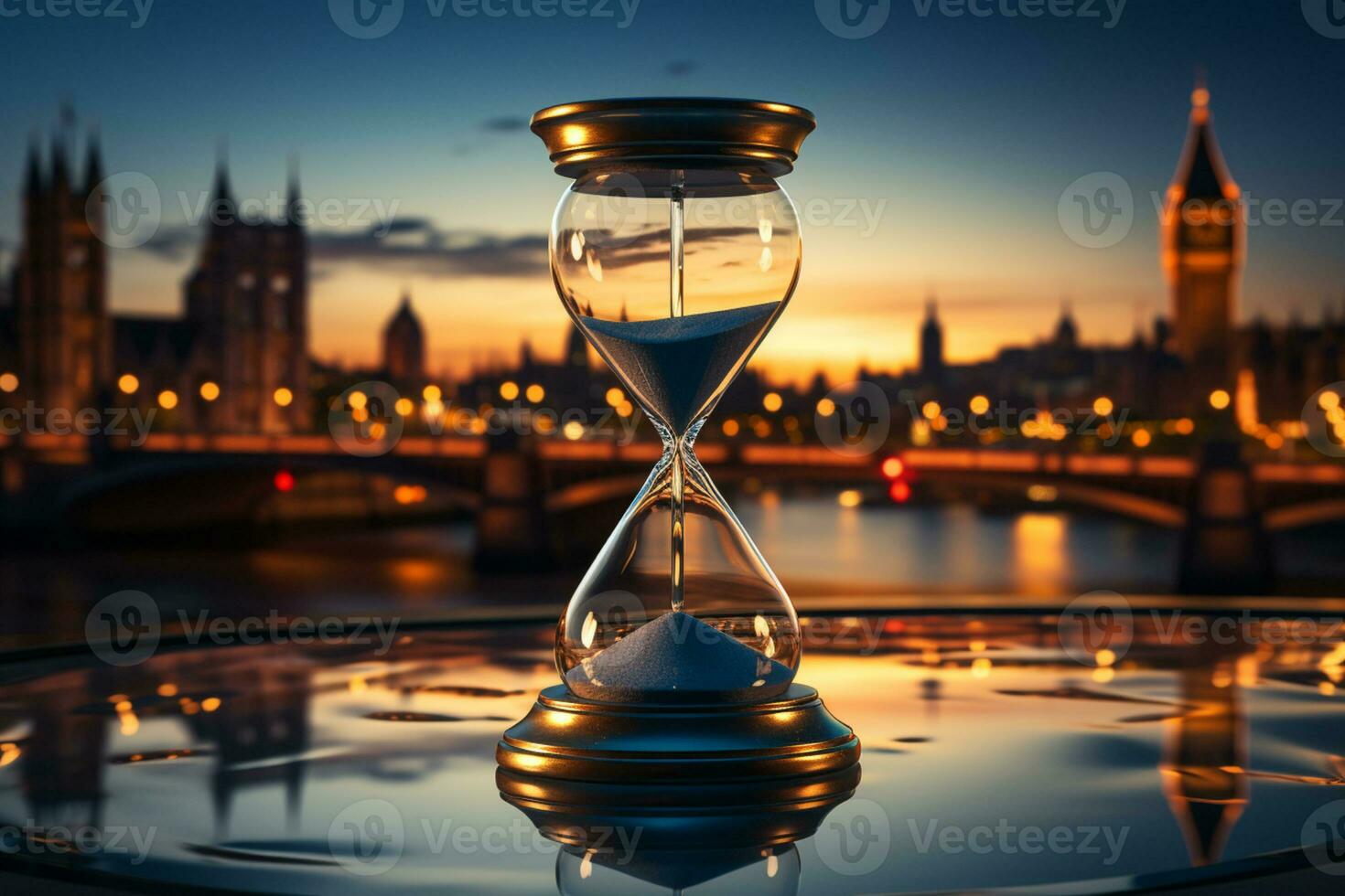 timglas mot panorama- horisont, symboliserar tid och företag i de stad ai genererad foto