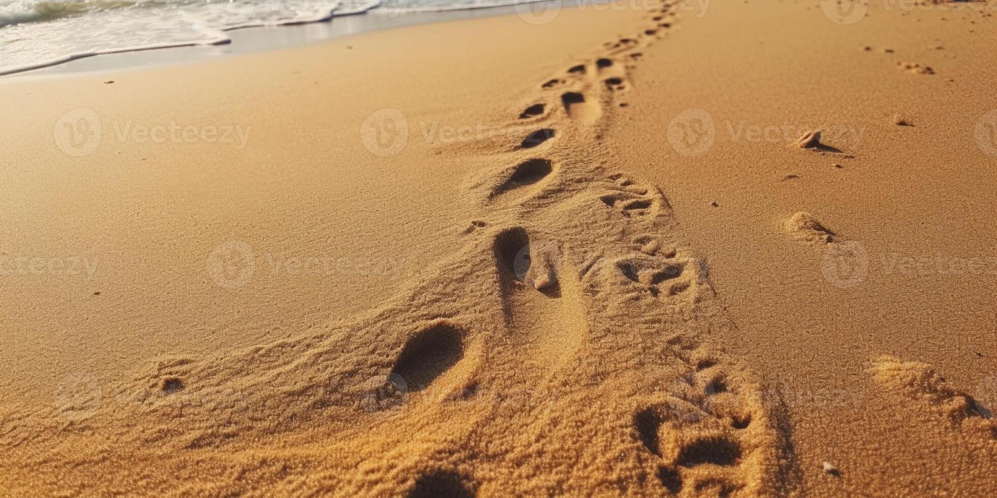 fotspår på de strand sand bakgrund. ai genererad foto