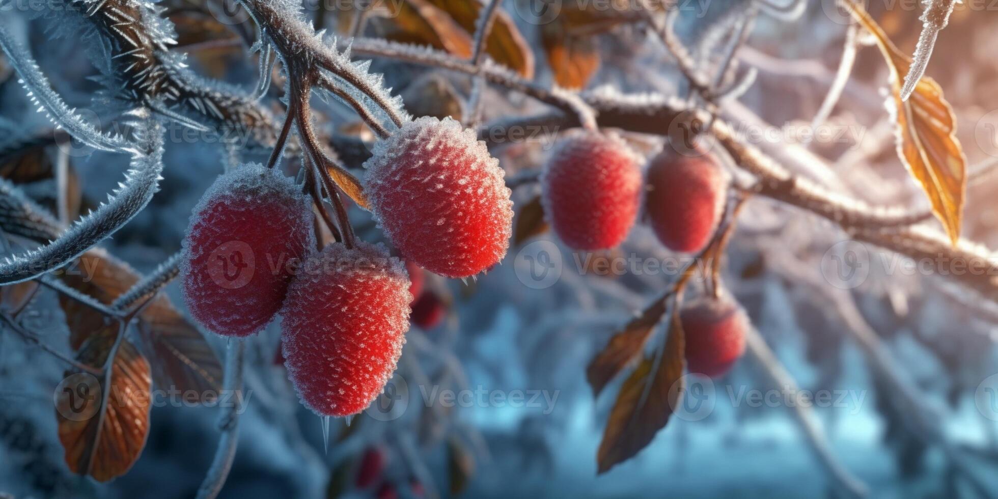 is storm träd och röd frukt frysa i vinter, ai genererad foto