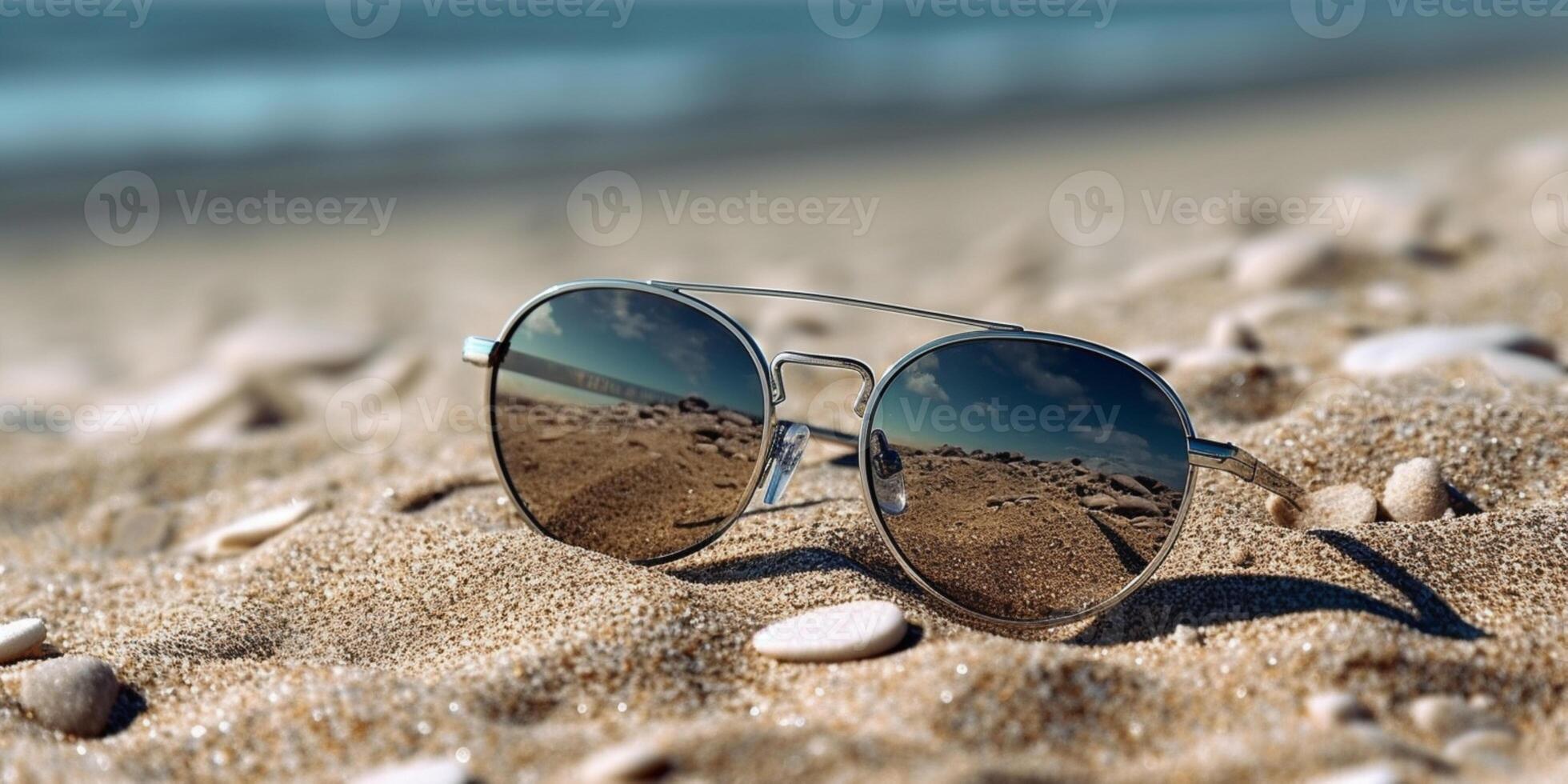 solglasögon på sand strand Semester bakgrund. ai genererad foto