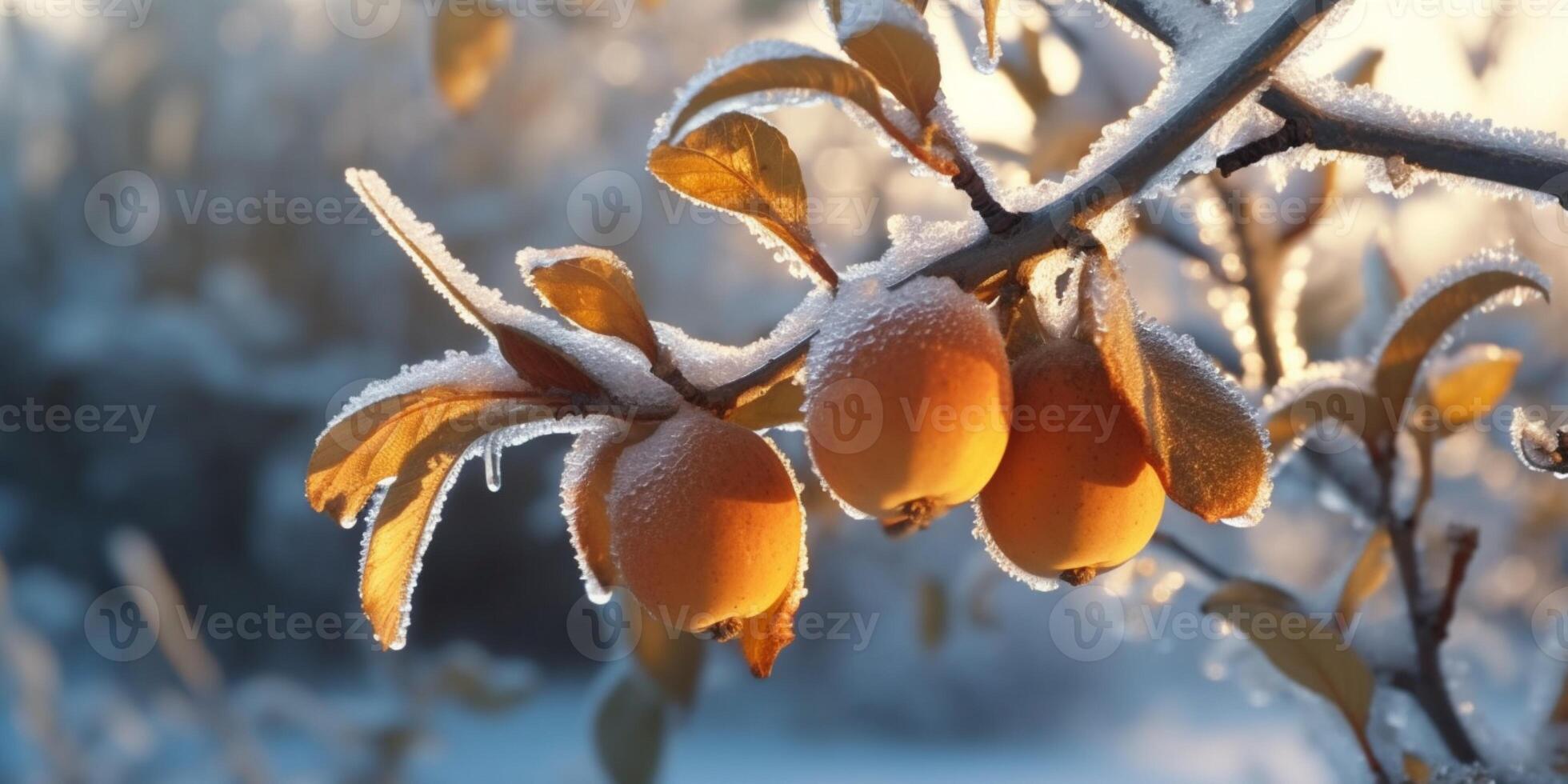 is storm träd och päron frukt frysa i vinter, ai genererad foto