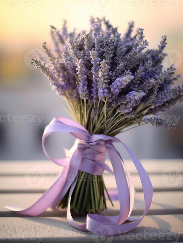 lavendel- blomma bröllop bukett suddig fönster bakgrund. ai genererad foto