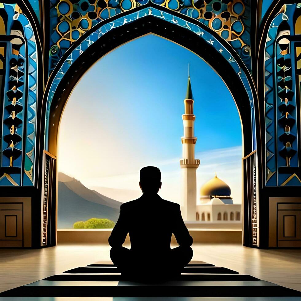 silhuett objekt i de moské, muslim människor bön- med de atmosfär av en moské i de mitten öster, Bra till använda sig av för företag, blogg, presentation, religiös. förbi ai generativ bild foto