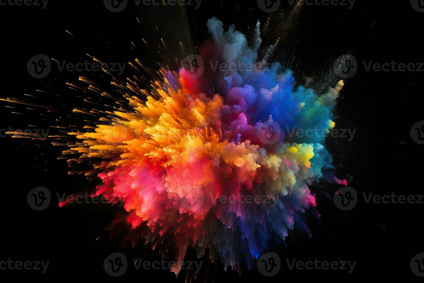 generativ ai illustration av explosioner av färger på svart bakgrund, många färger, dynamisk, modern, visuell effekt foto